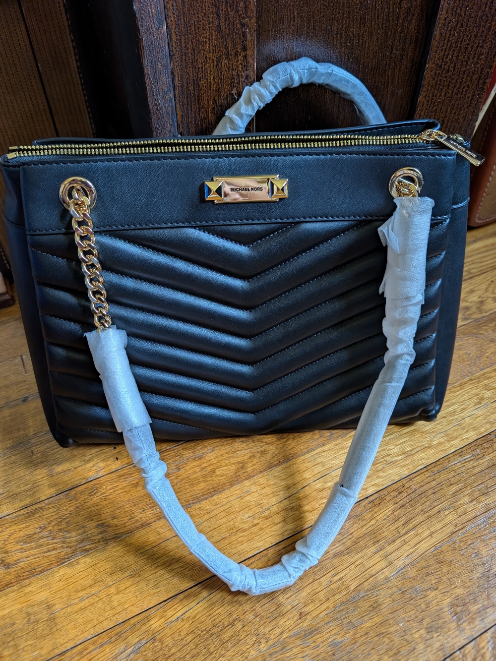 Michael Kors Black Quilted Chevron Chain-Handle Tote